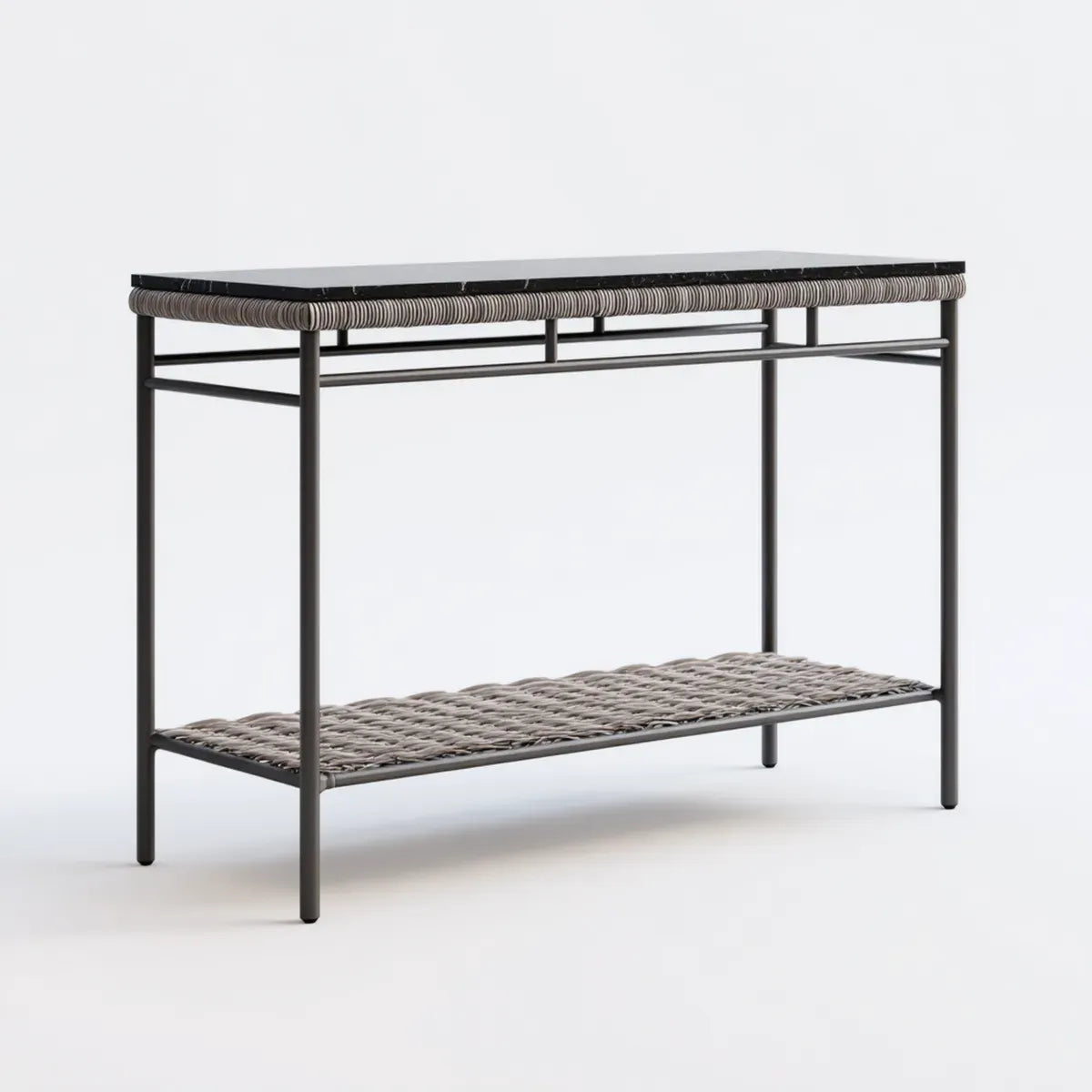 Bartisch Schwarz Grau 120 x 60 x 105 cm mit Marmorplatte Stahlgestell und PE-Geflecht rechteckig