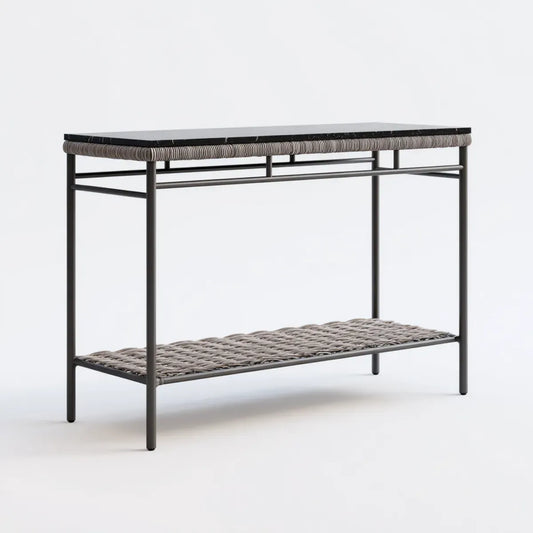 Bartisch Schwarz Grau 120 x 60 x 105 cm mit Marmorplatte Stahlgestell und PE-Geflecht rechteckig