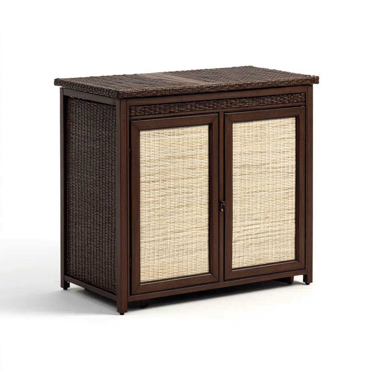 Barschrank mit 2 Türen Dunkelbraun Natur 100 x 45 x 100 cm Akazienholz und PE-Rattan Rechteckig