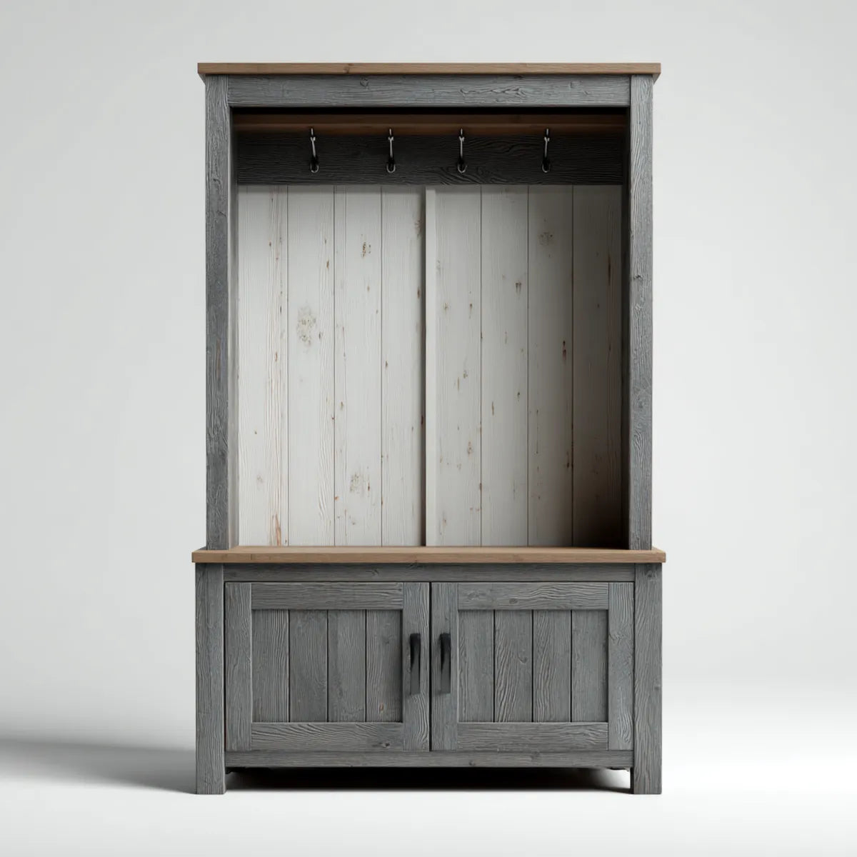 Garderobenschrank aus massivem Kiefernholz Grau Weiß mit 2 Türen 4 Haken und offenem Fach 90 x 40 x 200 cm rechteckig
