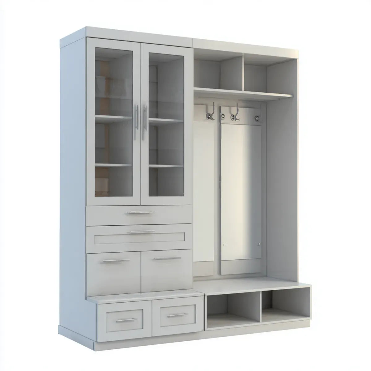 Garderobenschrank Weiß 160 x 40 x 200 cm mit Glasschrank Schuhfächern Hakenleiste und Schubladen aus melaminbeschichteter Spanplatte rechteckig