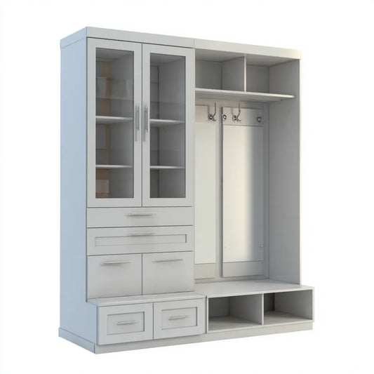 Garderobenschrank Weiß 160 x 40 x 200 cm mit Glasschrank Schuhfächern Hakenleiste und Schubladen aus melaminbeschichteter Spanplatte rechteckig